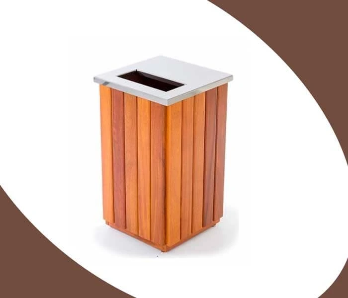 Lixeira em Madeira com Aro Inox Meia lua e com cesto plástico interno